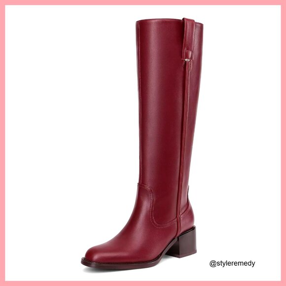 Knee High Boots Chunky Heel Round Toe Faux Leather Patent Side Zipper